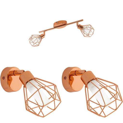 Twin Ceiling Spot Light & 2x Matching Wall Lights Copper Geometric Wire Cage Loops