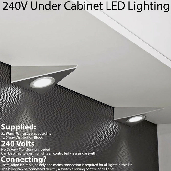 5x LED Triangle Spotlights 240V WARM WHITE Under Cabinet Kitchen Tri Light Kit Loops