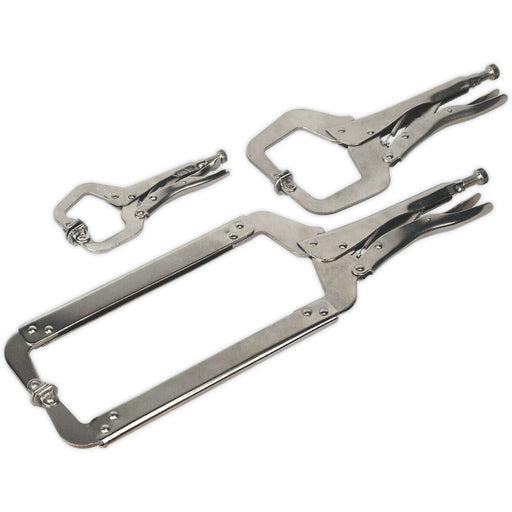3 Piece Locking C-Clamp Pliers - 170 275 and 450mm Clamps - Nickel Plated Steel Loops