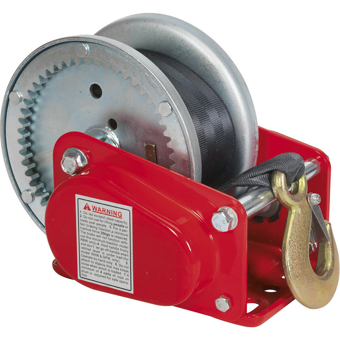 Geared Hand Winch with Brake & Webbing - 900kg Capacity - Hardened Steel Gear Loops