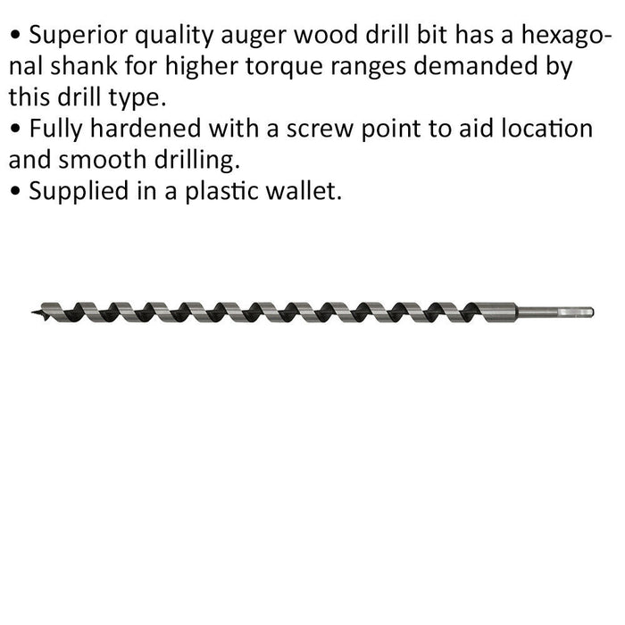 22 x 600mm Hardened Auger Wood Drill Bit - Hexagonal Shank - Woodwork Timber Loops