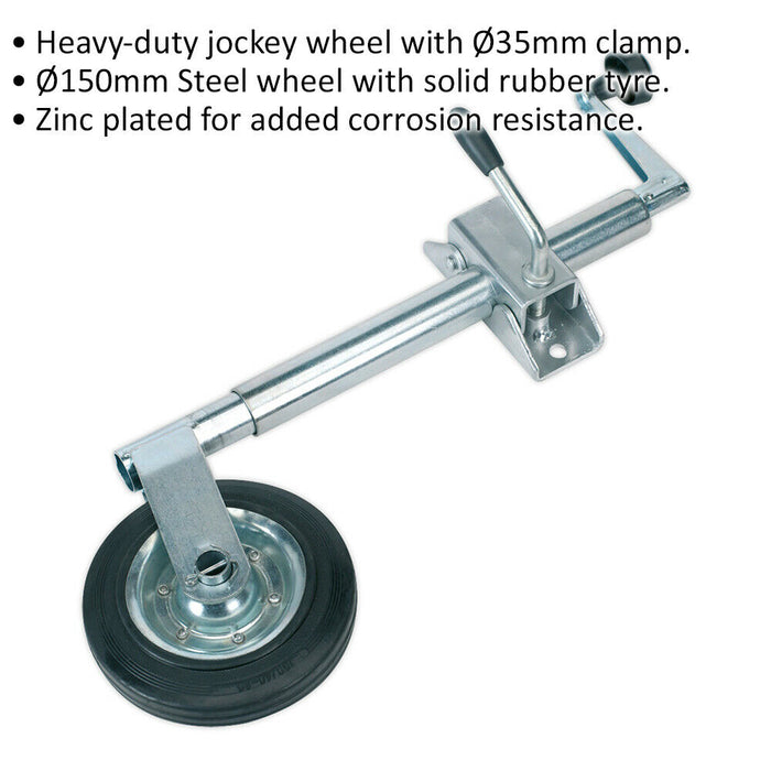 Heavy Duty Jockey Wheel with 35mm Clamp - 150mm Solid Wheel - Zinc Plated Loops