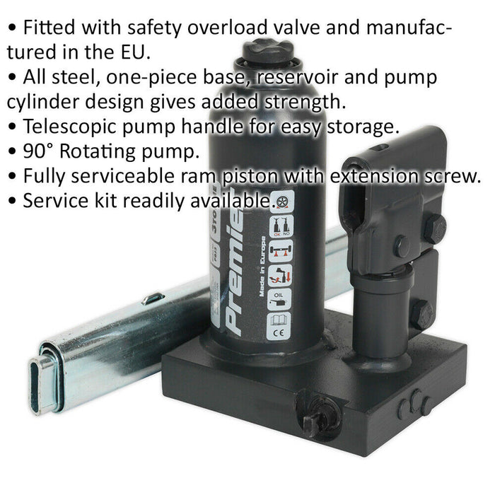 3 Tonne Steel Bottle Jack - Telescopic Pump Handle - 350mm Maximum Height Loops