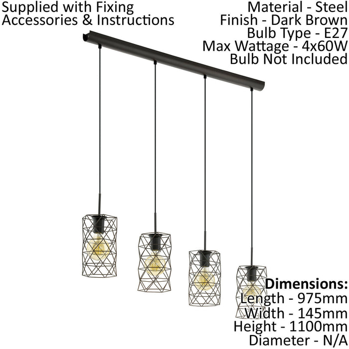 Pendant 4 Bulb Ceiling Light Colour Dark Brown Open Wire Shades Bulb E27 4x60W Loops