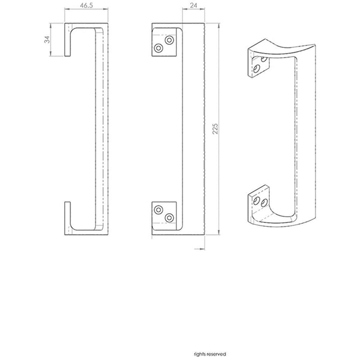 Cranked Oval Grip Door Pull Handle 225mm Length 46.5mm Proj Polished Brass Loops