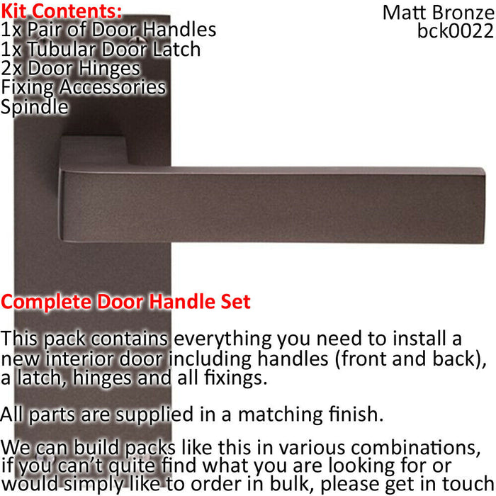 Door Handle & Latch Pack Matt Bronze Modern Square Lever Slim Latch Backplate Loops