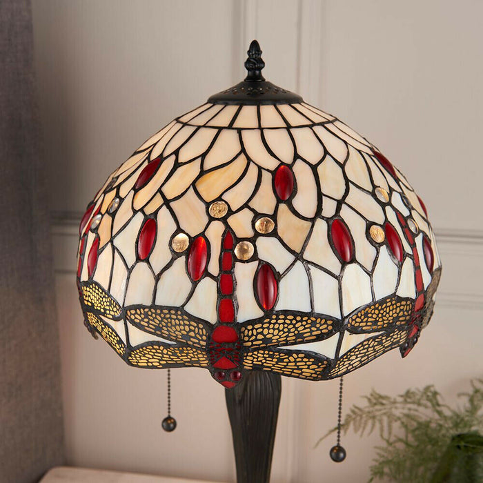 Tiffany Glass Table Lamp Light Dark Bronze & Cream Red Dragonfly Shade i00189 Loops