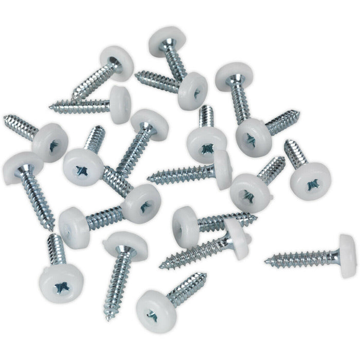 50 PACK 4.8 x 24mm White Numberplate Screw - Plastic Enclosed Head Fixings Loops