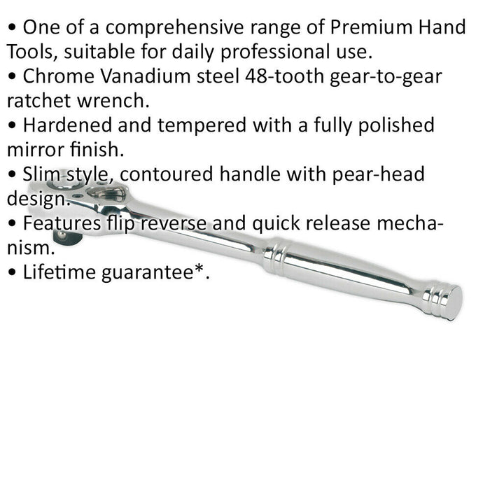 48-Tooth Pear-Head Ratchet Wrench - 1/4 Inch Sq Drive - Flip Reverse Mechanism Loops