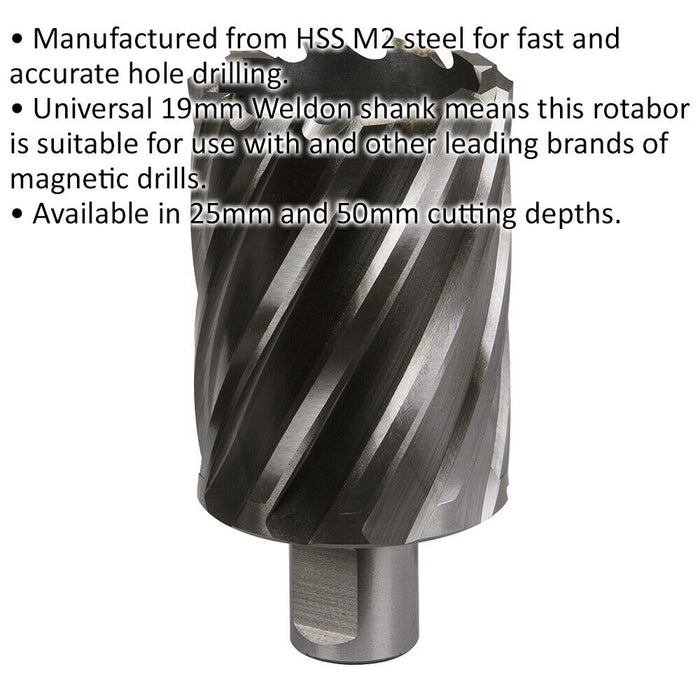 46mm x 50mm Depth Rotabor Cutter - M2 Steel Annular Metal Core Drill 19mm Shank Loops