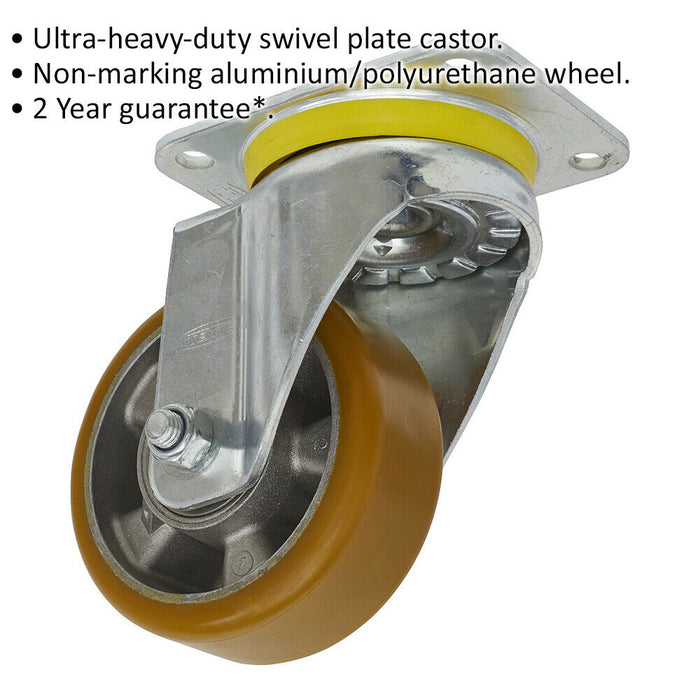 125mm Swivel Plate Castor Wheel - 50mm Tread Non-Marking Aluminium & PU Plastic Loops