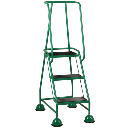 3 Tread Mobile Warehouse Steps -GREEN- 1.43m Portable Safety Ladder & Wheels Loops