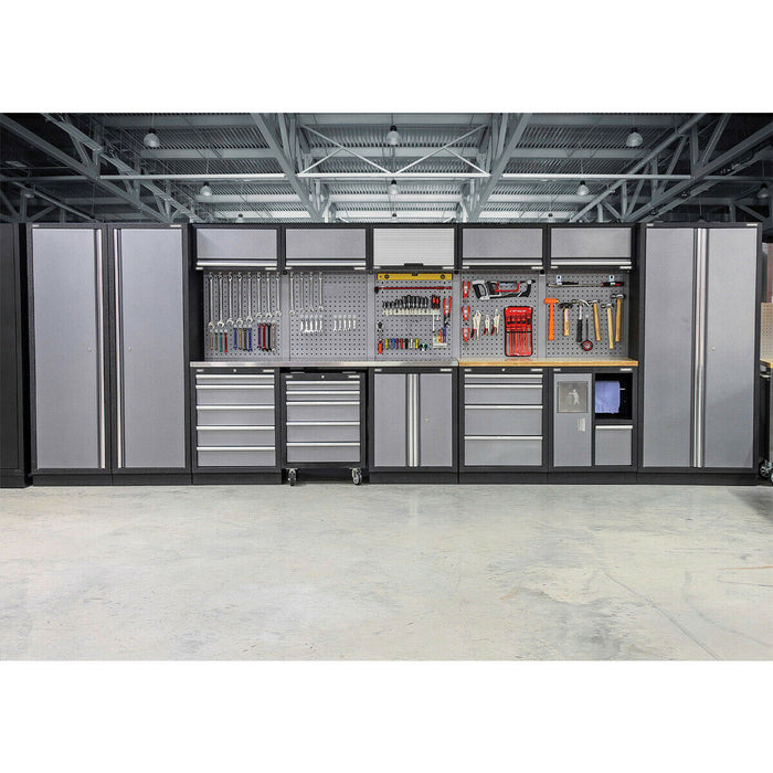 All-in-One 4.9m Garage Storage System - Modular Units - Pressed Wood Worktop Loops