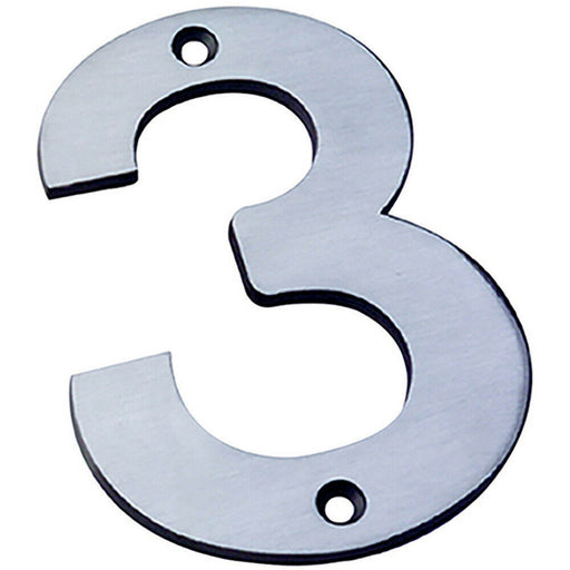 100mm Front Door Numerals '3' 85.5mm Fixing Centres Satin Stainless Steel Loops