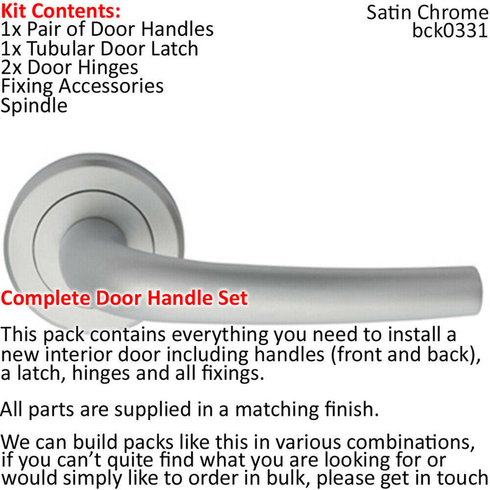 Door Handle & Latch Pack Satin Chrome Rounded Curve Lever Screwless Round Rose Loops
