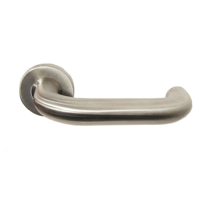 Door Handle & Latch Pack Satin Steel Curved Safety Lever Screwless Round Rose Loops