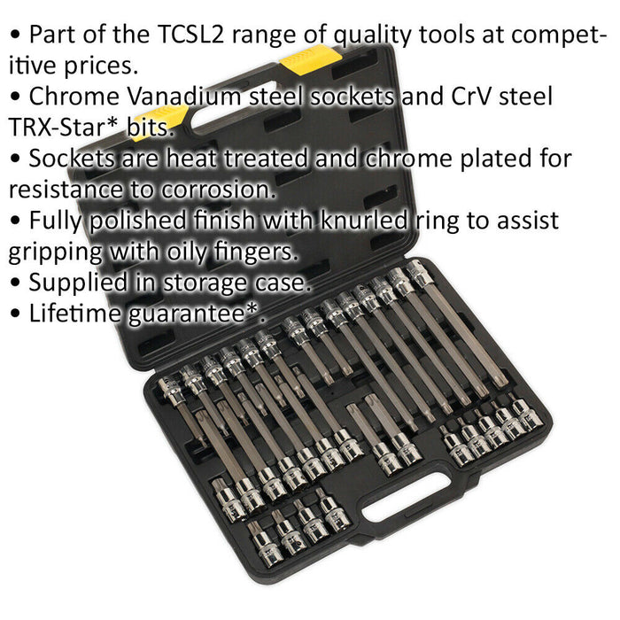 32pc TRX Star Socket Bit Set - 1/2" Square Drive - T20 to T70 - 200mm Long Shaft Loops
