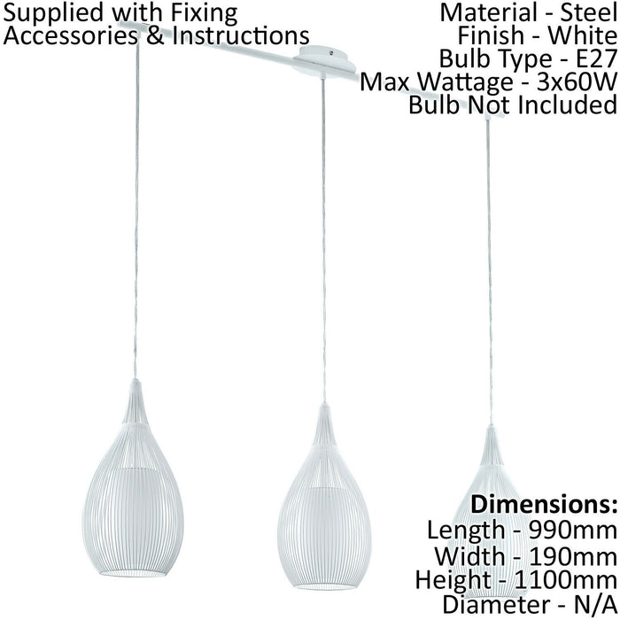 Pendant Light Colour White Steel Shade White Satin Glass Steel Bulb E27 3x60W Loops