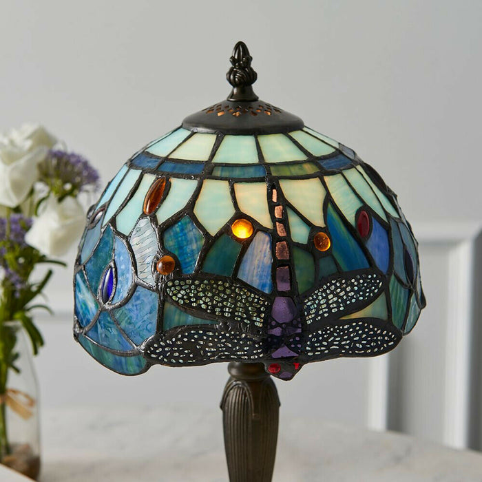 Tiffany Glass Table Lamp Light Dark Bronze Base & Blue Dragonfly Shade i00191 Loops