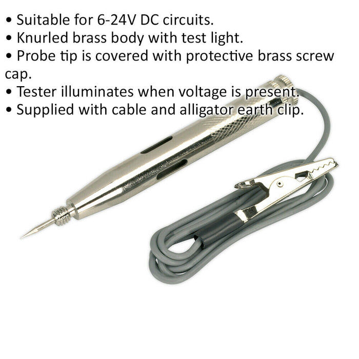 6 to 24V Circuit Tester - Knurled Brass Body - Test Light - Cable & Earth Clip Loops