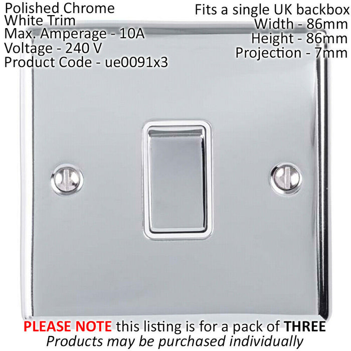 3 PACK 1 Gang Single Metal Light Switch POLISHED CHROME 2 Way 10A White Trim Loops