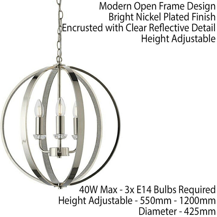 Hanging Ceiling Pendant Light Bright Nickel Globe Shade 3 Bulb Orb Loop Lamp Loops