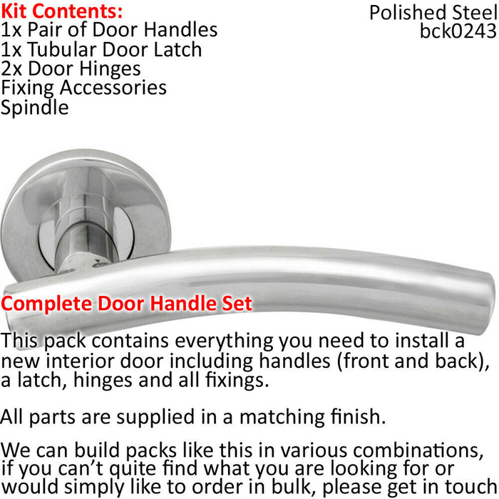 Door Handle & Latch Pack Polished Steel Arched Lever Screwless Round Rose Loops