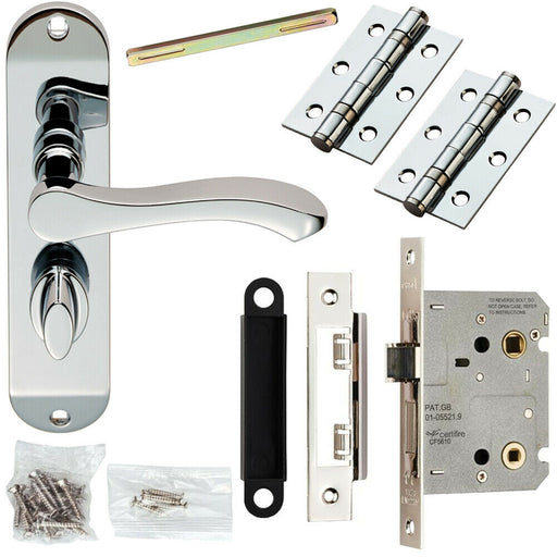 Door Handle & Bathroom Lock Pack Chrome Scroll Thumb Turn Round Slim Backplate Loops