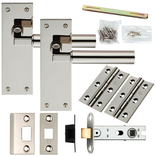 Door Handle & Latch Pack Polished Nickel Round Bar Lever Slim Backplate Loops