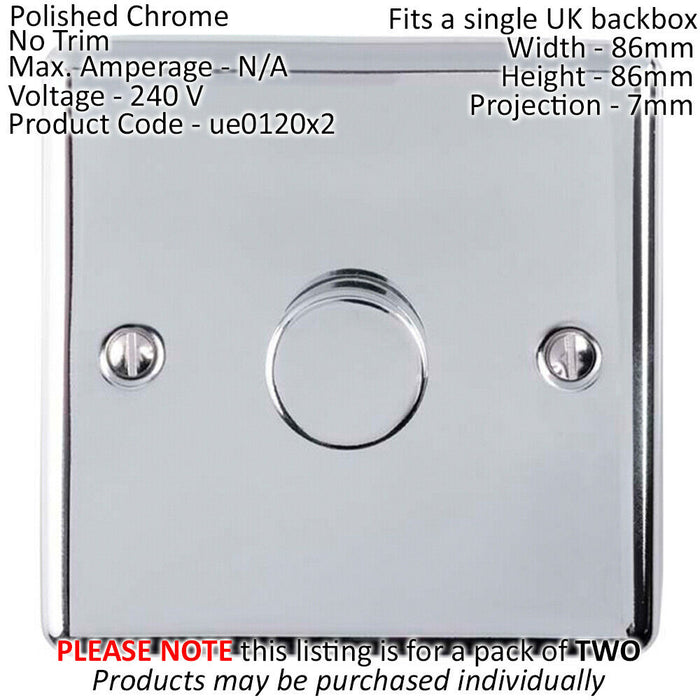 2 PACK 1 Gang 400W 2 Way Rotary Dimmer Switch CHROME Light Dimming Plate Loops