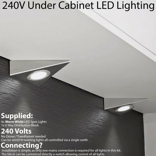 4x LED Triangle Spotlights 240V WARM WHITE Under Cabinet Kitchen Tri Light Kit Loops