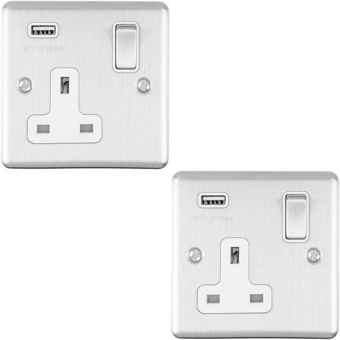 2 PACK 1 Gang Single UK Plug Socket & 2.1A USB SATIN STEEL & White 13A Switched Loops