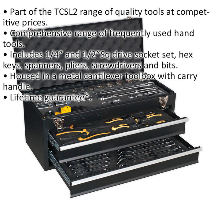 90pc Tool Set & 2 Drawer Portable Tool Chest Storage Unit - Sockets Spanners Bit Loops