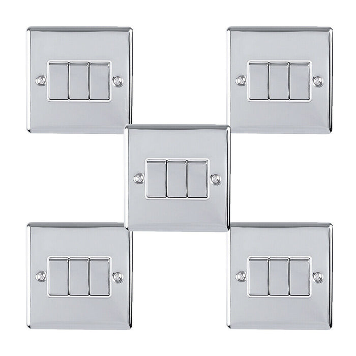 5 PACK 3 Gang Triple Metal Light Switch POLISHED CHROME 2 Way 10A White Trim Loops