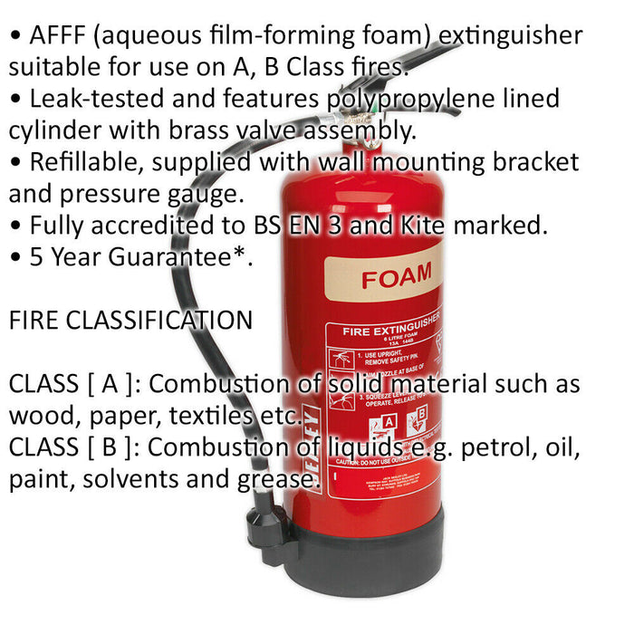 6L Foam Fire Extinguisher - Aqueous Film-Forming Foam - Refillable - Class A & B Loops