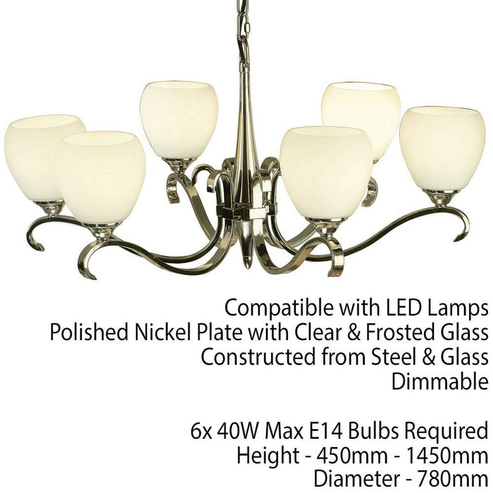 Luxury Hanging Ceiling Pendant Light Bright Nickel Opal Glass 6 Lamp Chandelier Loops