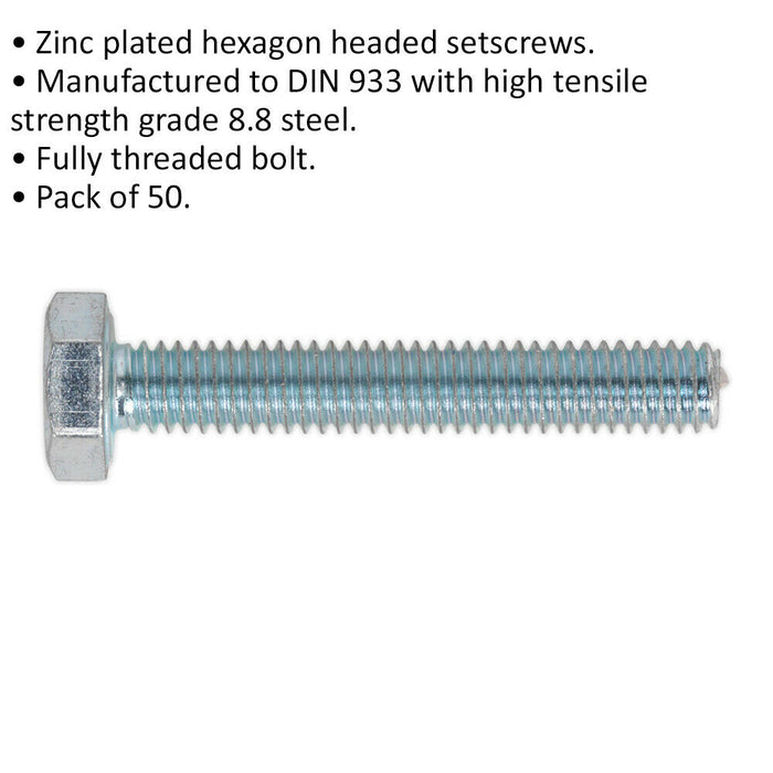 50 PACK HT Setscrew - M4 x 25mm - Grade 8.8 Zinc - Fully Threaded - DIN 933 Loops