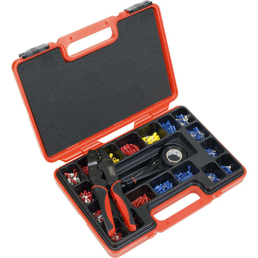 Ratchet Crimping Tool Kit - Steel Jaws - Insulated Grip - 500 Assorted Terminals Loops