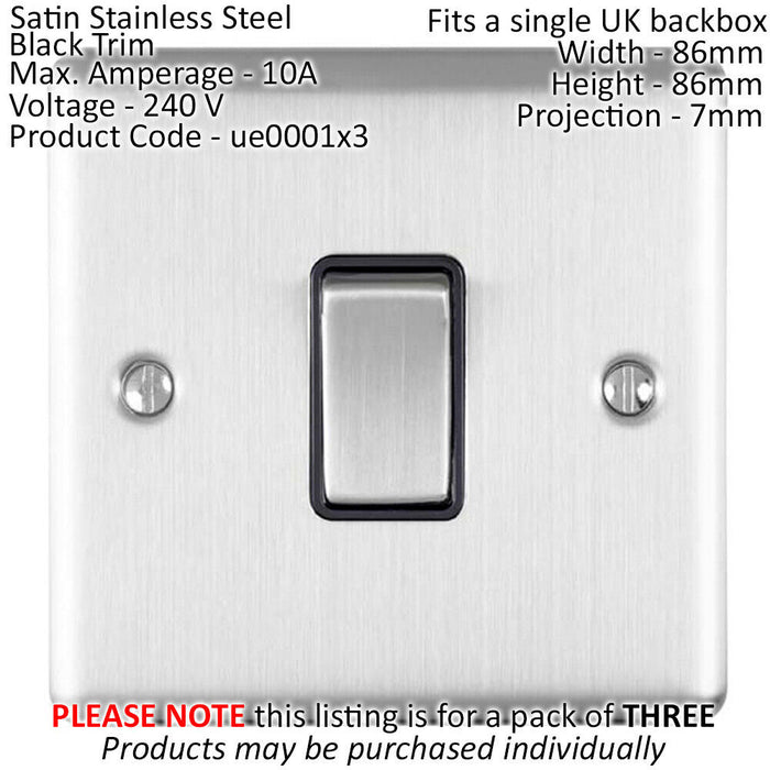 3 PACK 1 Gang Single Light Switch SATIN STEEL 2 Way 10A Black Trim & Metal Loops