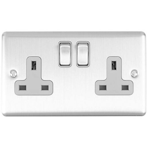 2 Gang Double UK Plug Socket SATIN STEEL 13A Switched Grey Trim Power Outlet Loops