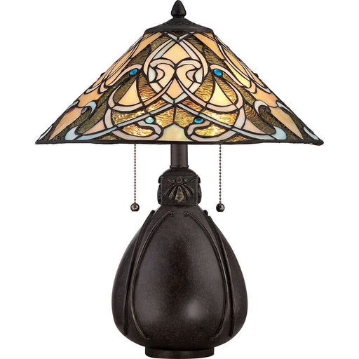 2 Bulb Twin Table Lamp Tiffany Glass Bulbous Base Imperial Bronze LED E27 75W Loops