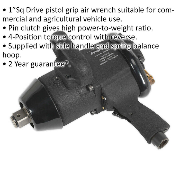 Air Impact Pistol Wrench - 1 Inch Sq Drive - Pin Clutch - 4-Way Torque Control Loops