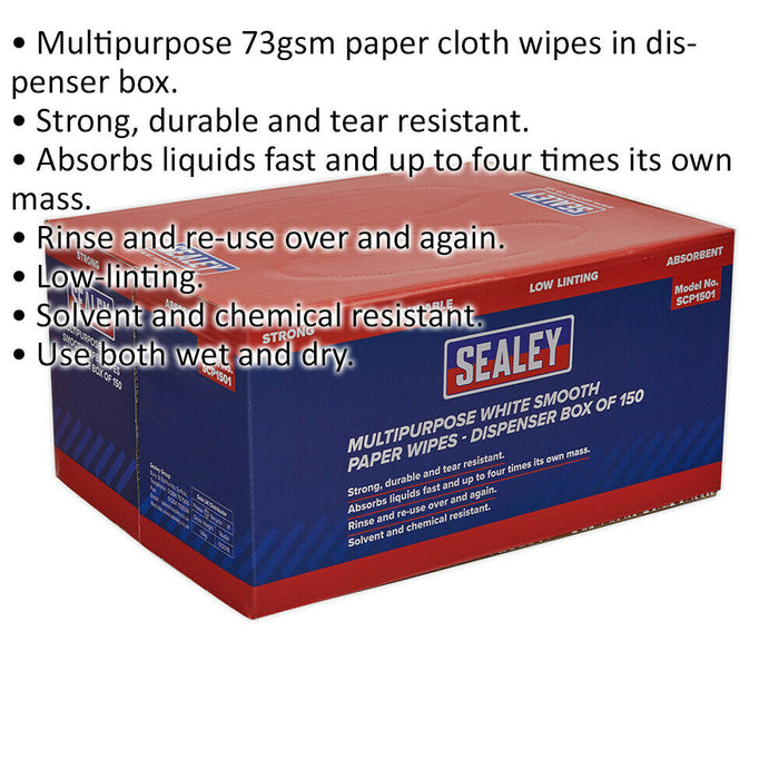 Multipurpose Paper Wipes in Dispenser Box - 150 Sheets - 73gsm Paper Cloth Wipes Loops