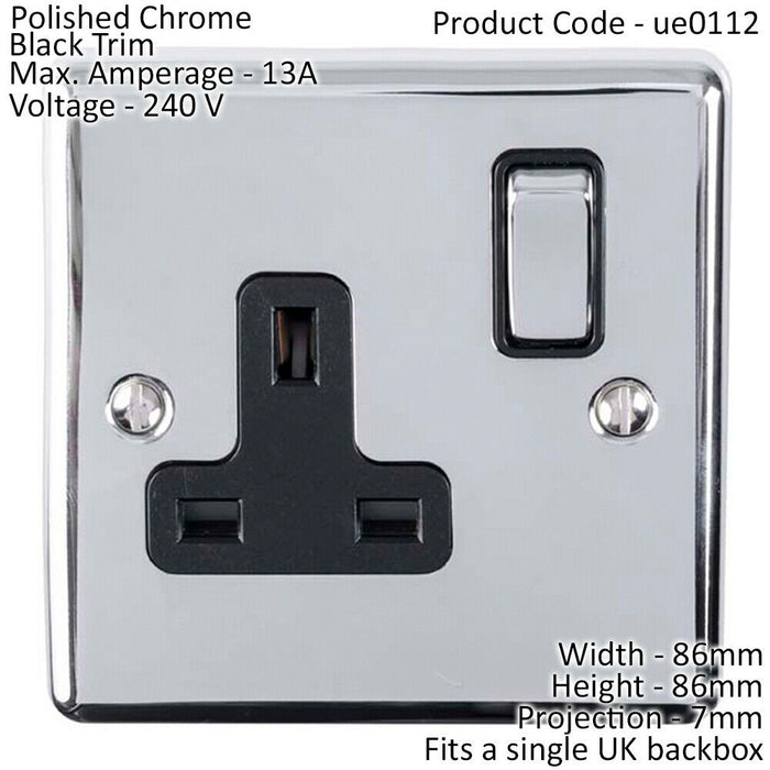 1 Gang Single UK Plug Socket POLISHED CHROME & Black 13A Switched Power Outlet Loops
