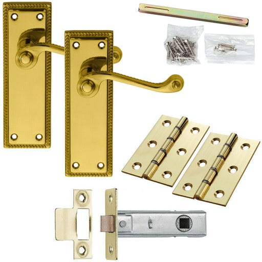 Door Handle & Latch Pack Brass Victorian Scroll Lever Turn Reeded Backplate Loops