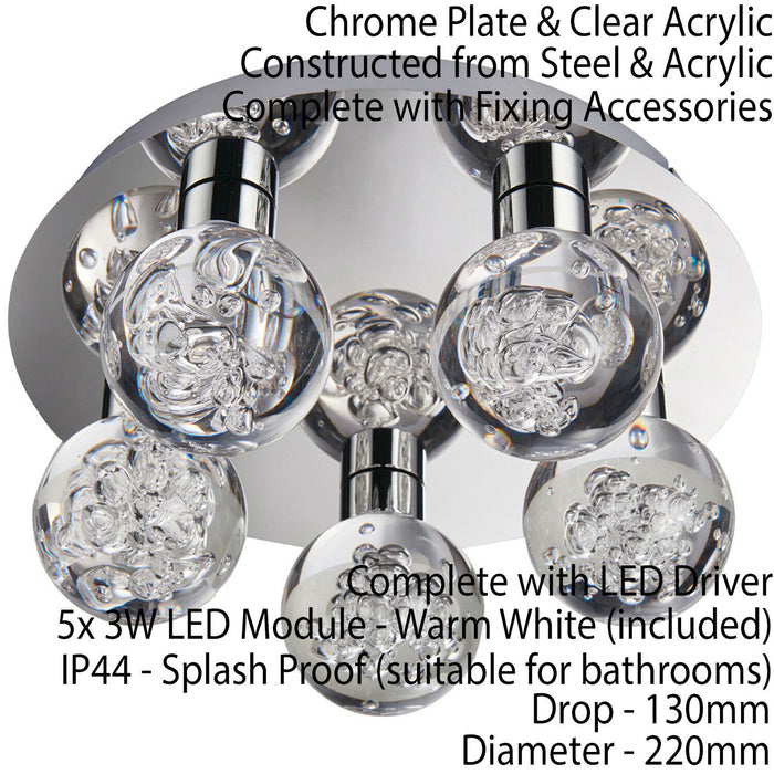 Flush Bathroom Ceiling Light IP44 Warm White LED Ball 5 Lamp Modern Chrome Round Loops
