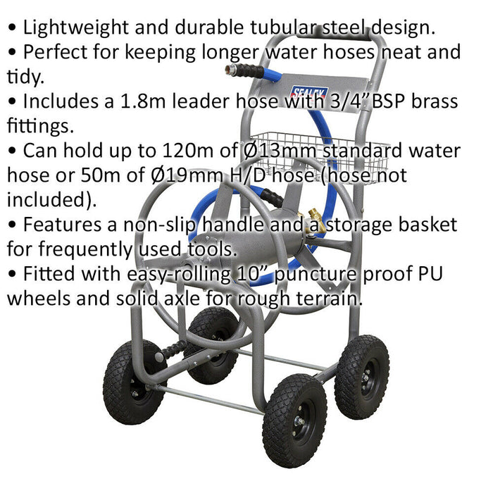 Loops - Heavy Duty Hose Reel Cart - Tubular Steel - 1.8m Leader Hose - 10' Wheels