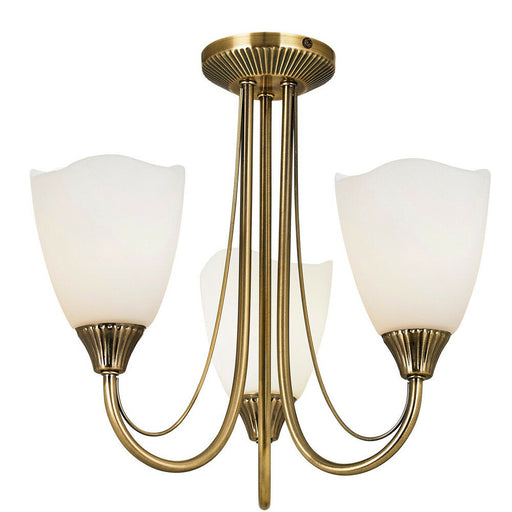 Semi Flush Ceiling Light Antique Brass & Glass 3 Bulb Dimmable Pendant Shade Loops