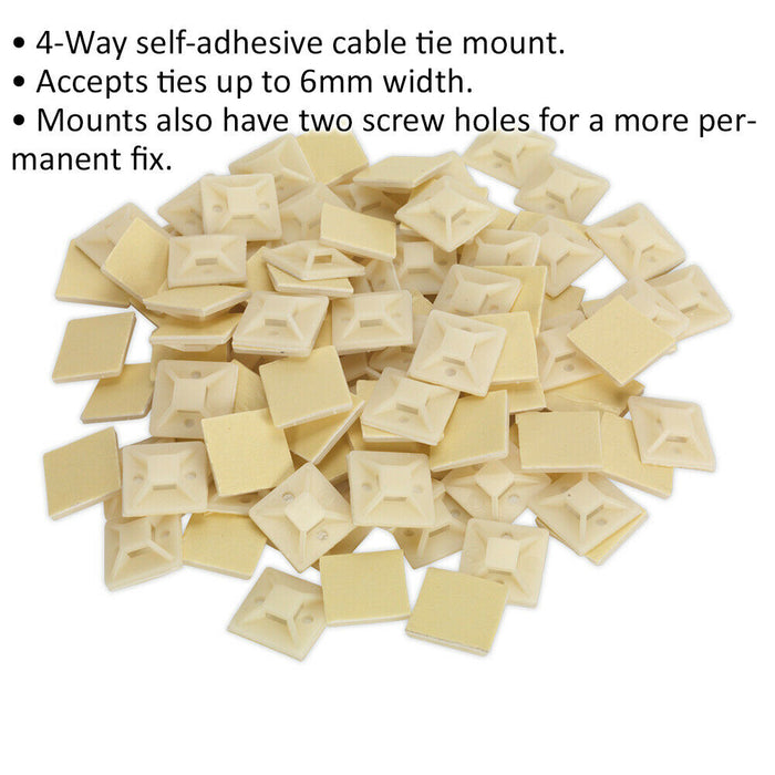100 PACK Self-Adhesive 4-Way Cable Tie Mount - 25 x 25mm - 5mm Tie Width - White Loops