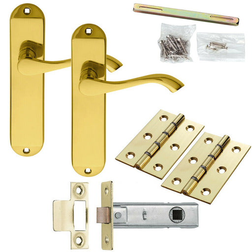 Door Handle & Latch Pack Brass Modern Scroll Curved Slim Rounded Backplate Loops